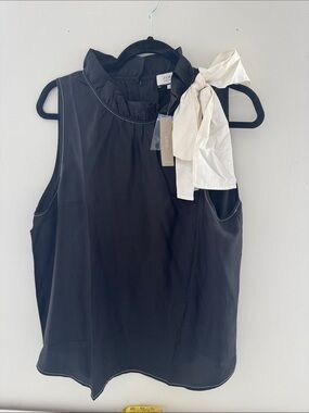 J. Crew 100% silk Black Sleeveless Ruffle Neck Top with Ivory Bow Accent NWT